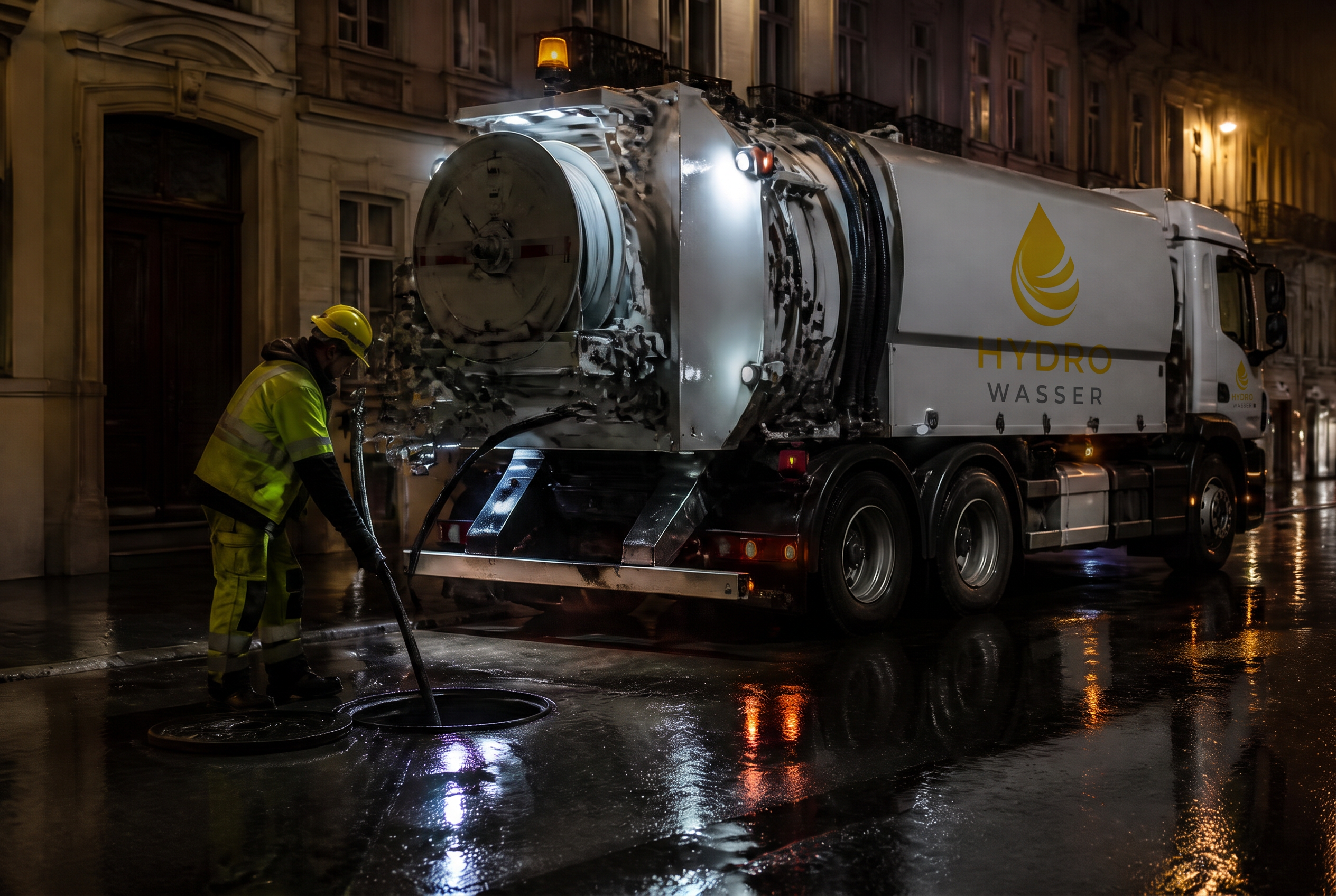 Camion d'hydrocurage en intervention de nuit à Bâle